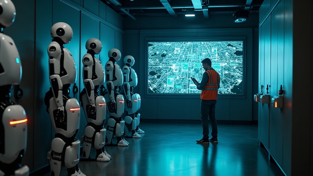 Robomodal fleet depot: a row of humanoid units docked beside a wall-sized city operations map, reviewed by a technician
