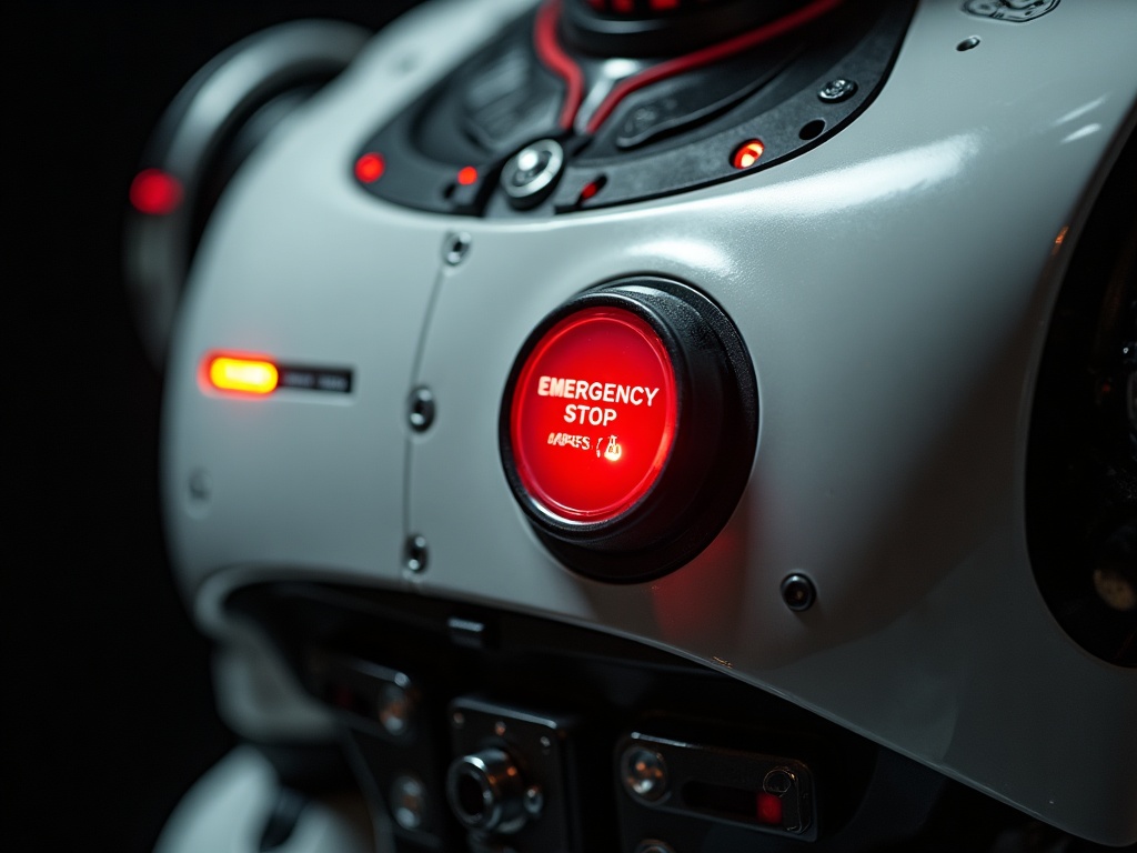 Close-up of the illuminated red emergency stop button on a Robomodal humanoid's chassis