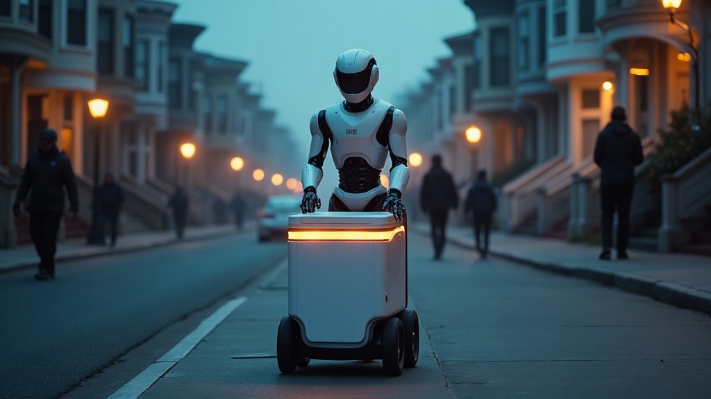 A Robomodal humanoid pushing its glowing smart cooler down a San Francisco residential street at dusk